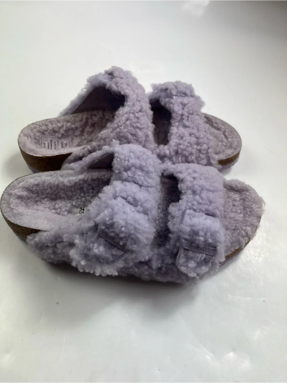 BIRKENSTOCK Arizona Girls Teddy Sandals Shearling Fur Lilac Purple Size L3 EU 34